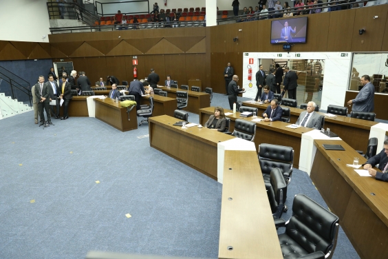Vista superior do plenário. Parlamentares ocupam seus lugares e se organizam em fila atrás do microfone