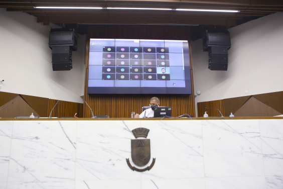 Parlamentar compõe mesa de reunião. Telão ao fundo em videoconferência com os demais membros e convidados.