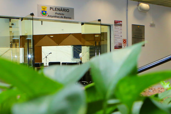 Imagem da porta do Plenário Amynthas de Barros atrás da folhagem verde do jardim interno