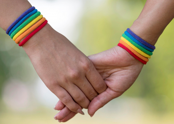 em detalhe, duas mãos de mulheres, de mãos dadas, com pulseiras nas cores do arco-íris