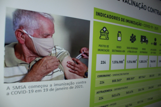 Imagem de idoso, usando máscara, sendo vacinado. ao lado, um quadro mostrando  indicadores de imunização