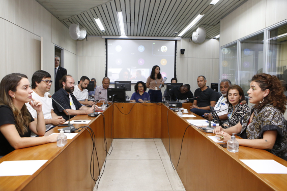 Quatro mulheres e sete homens em reunião, sentados à mesa.