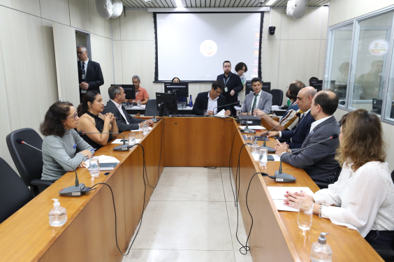 Imagem doo Plenário Camil Caran. Participantes da audiência s sentados em mesa em formato de U