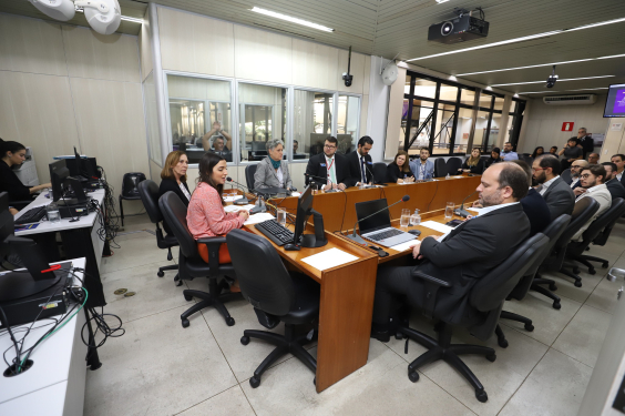 Imagem da sala de reunião identificando os vereadores e especialistas que compõe a mesa e o público que acompanha a audiência 