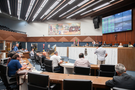 Mais de treze parlamentares reunidos em plenário.