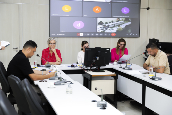 Imagem dos cinco integrantes da Comissão em torno de uma mesa em formato de U 