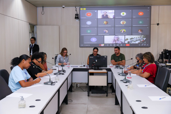Vereadores e convidados da audiência estão sentados no plenário. O telão atrás deles mostra a videochamada com participantes presentes virtualmente.