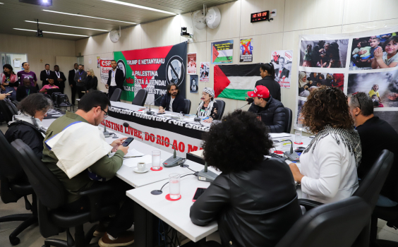 Vereadores e convidados participam de audiência no Plenário Helvécio Arantes, bandeiras da palestina estão afixadas nas paredes