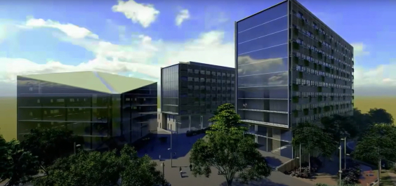 Projeto do complexo com três edifícios altos e espelhados
