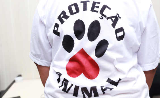 Foto das costas de uma pessoa vestida com uma camisa em que se lê "proteção animal"