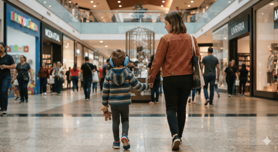 criança e mãe de mãos dadas caminham em corredor de shopping