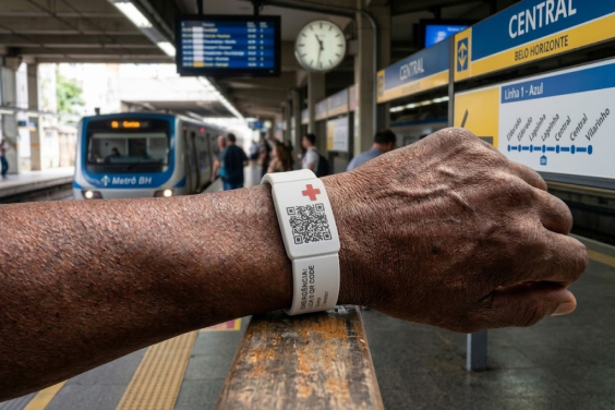 Braço de um homem mostrando pulseira branca de silicone com QR Code. Ao fundo existe uma estação de metrô de Belo Horizonte. Imagem criada com auxílio de Inteligência Artificial