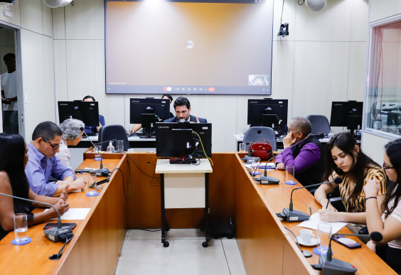 Vereadores e convidados assentados no plenário Camil Caram durante audiência pública