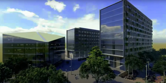 Projeto do complexo com três edifícios altos e espelhados