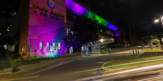 fachada da câmara municipal iluminada nas cores lilás, azul, verde e rosa