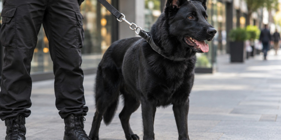 cão de guarda ao lado de homem uniformizado