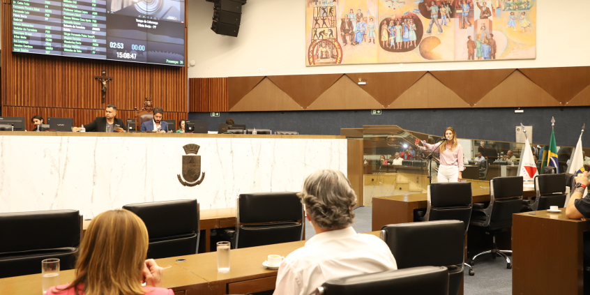 Flávia Borja (PP) fala em sessão plenária, diante dos colegas parlamentares