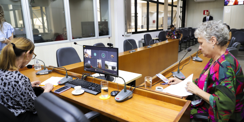 As vereadoras Professora Marli e Cida Falabella estão sentadas no plenário. No computador à frente da Professora Marli, a tela mostra a videochamada em que a vereadora Flávia Borja está presente virtualmente.