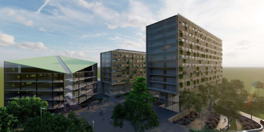 Projeto do complexo com três edifícios altos e espelhados