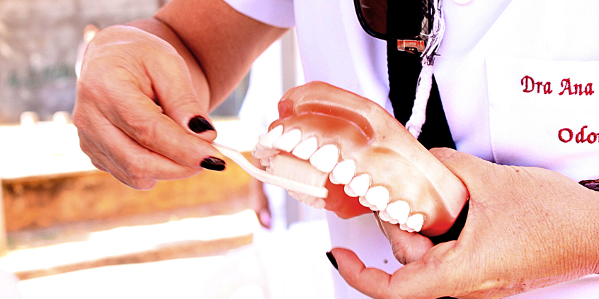 profissional de saúde manuseia modelo de arcada dentária