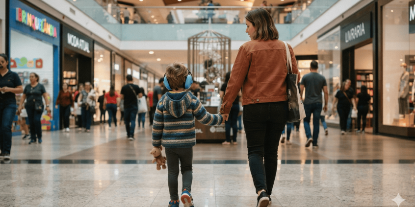 criança e mãe de mãos dadas caminham em corredor de shopping