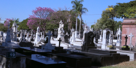 Vista geral do Cemitério do Bonfim. Sepulturas em mármore preto e esculturas sacras brancas