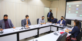 Vereadores Gabriel, Bráulio Lara, Reinaldo Gomes Preto Sacolão, Rubão, Wanderley Porto e Professor Claudiney Dulim, e vereadora Bella Gonçalves, em reunião da CPI da BHTrans, nesta quarta-feira (21/7)