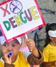 criança em campanha contra dengue com cartaz xô dengue
